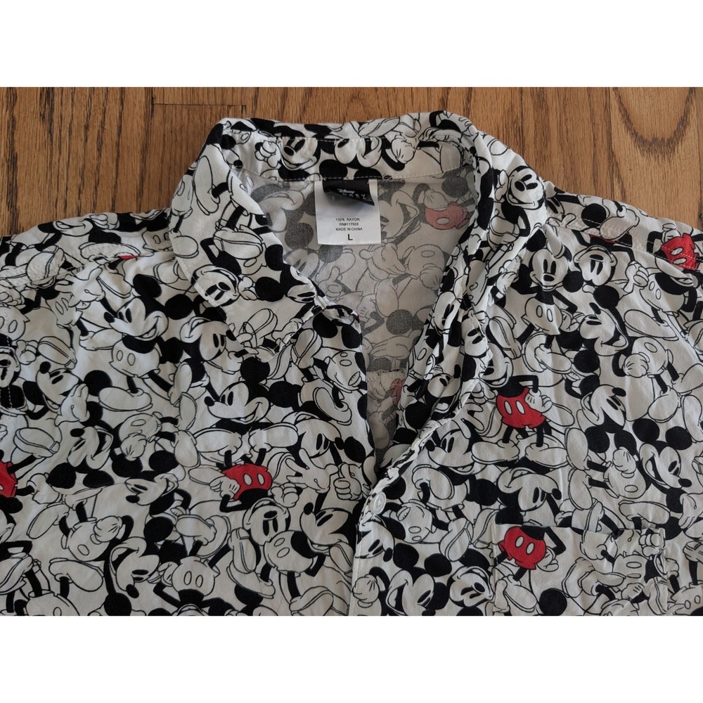 Disney Mickey Mouse Camp Shirt Men's Large All Over Print Rayon Button Up White